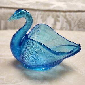 Glass Blue Swan Trinket Dish Ring Holder